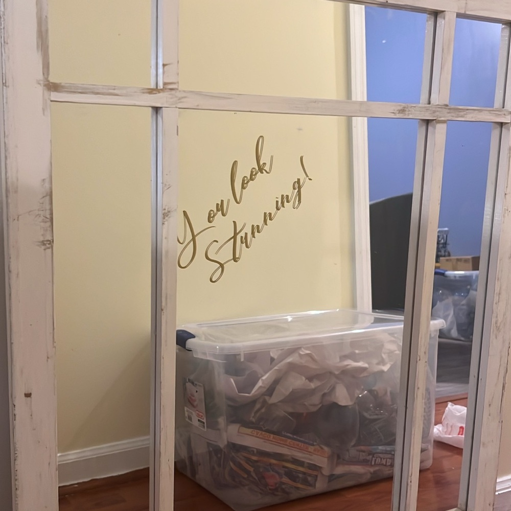 Rustic White Wall Mirror with Gold Lettering